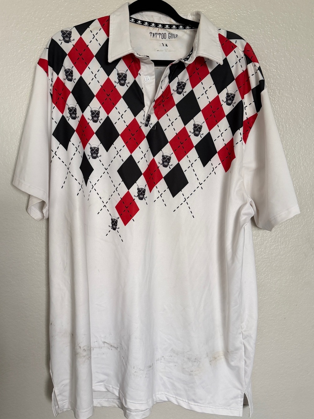 Men's White Tattoo Golf Polo with Red & Black Argyle